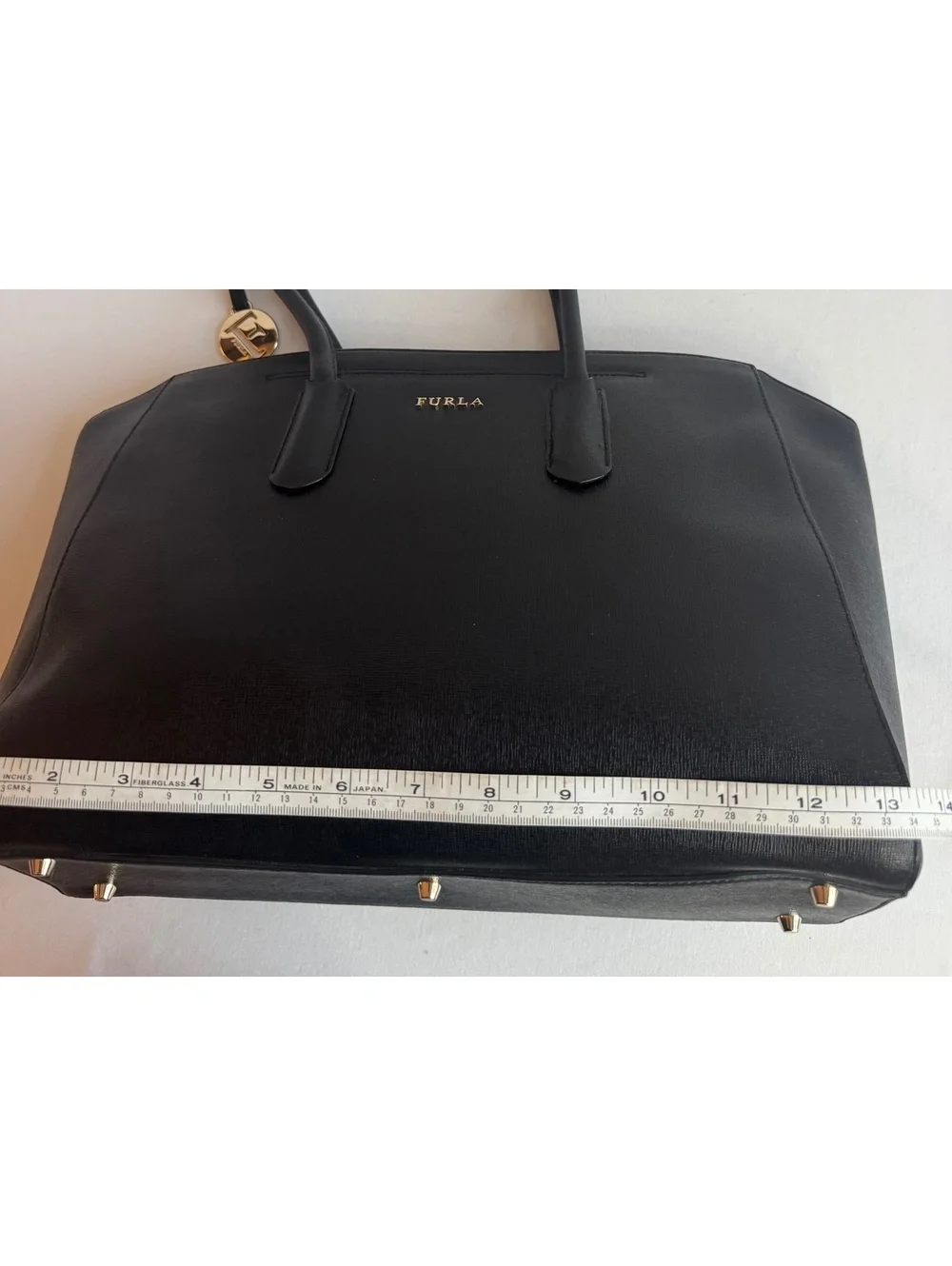 Furla Tessa Large Tote Black Saffiano Leather Gold F Charm Zip Top